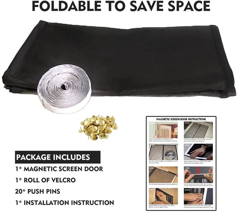 Package contents of Magnetic Screen Door 36 X 82 Inches, Heavy Duty Reinforced Fiberglass Mesh, Black Modern Style, Easy Installation.