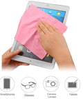 ColorYourLife pink microfiber cleaning cloth on tablet screen being wiped (front view)