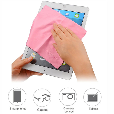 ColorYourLife pink microfiber cleaning cloth on tablet screen being wiped (front view)