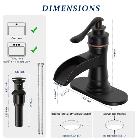 Oil Rubbed Bronze Bathroom Sink Faucet 1 Hole Single Handle Waterfall Faucet No Fuss With Pop Up Drain And Hoses Lead Free Vanity