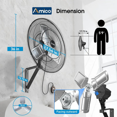 Heavy Duty 24 Inch Industrial Grade Wall Mount Fan With Remote Control 8 Speeds And 8690 CFM High Velocity Airflow Oscillating Shop Fan With Timer For Gym Garage Patio Outdoor Use shown in dimensions with mounting bracket and design close-up
