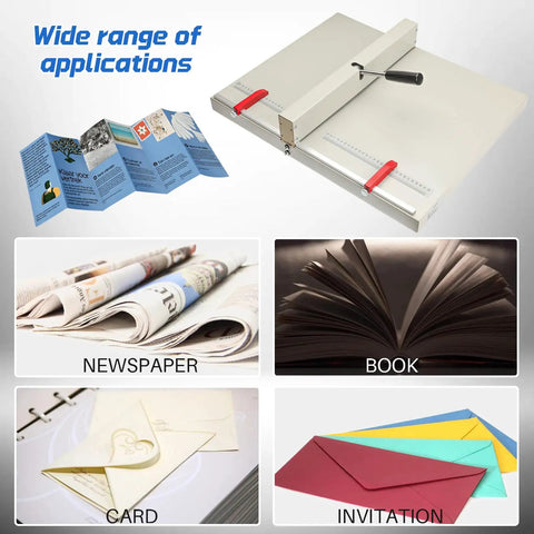Top Shelf Manual Creaser With Straight Up 1mm Precision Scoring And Easy Grip Auto Rebound Handle Heavy Duty Rust Proof Steel Frame demonstrating applications for cards, newspapers, and books.