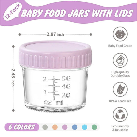 Glass Baby Food Storage Jars 4 Oz 12 Pack With Color Lids Totally Leak Proof BPA Free Reusable Baby Food Containers That Are Microwave Dishwasher Freezer Safe