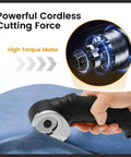 Heavy Duty Cordless Electric Scissors With Rechargeable Power Shears For Cuttin Cardboard Cloth Leather And Carpet Features Slick Ergonomic Grip in use on fabric.