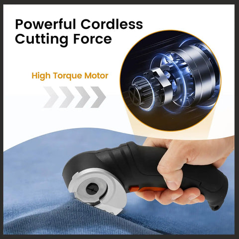 Heavy Duty Cordless Electric Scissors With Rechargeable Power Shears For Cuttin Cardboard Cloth Leather And Carpet Features Slick Ergonomic Grip in use on fabric.