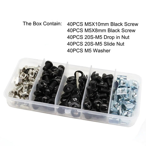 200 Piece 2020 Aluminum Extrusion Hardware Kit With M5 T Slot Nuts Bolts Screws And Slide Nuts For 20 Series And 2040 V Slot Projects Includes Wrench In An Organized Clear Case For Easy Drop In Assembly