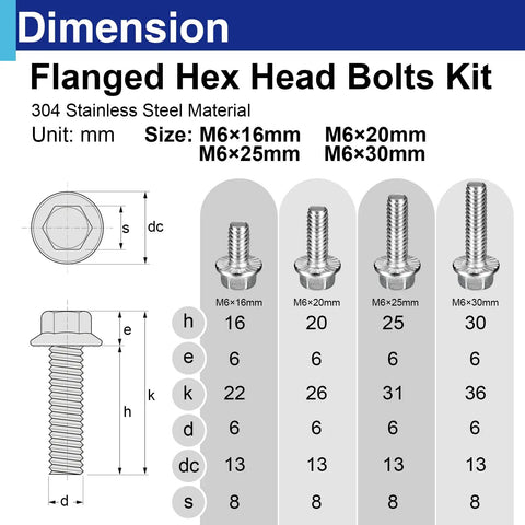 Heavy Duty M6 Stainless Steel Flange Bolt Assortment Kit 50 Piece Hex Head Fasteners 16Mm 20Mm 25Mm 30Mm Premium A2 70 Grade Hardware dimensions chart