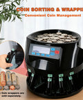 Pro Coin Counter And Sorter Machine For Home Or Biz, Fast 300 Coins Per Minute, Five-Bin Sorting For Pennies, Nickels, Dimes, Quarters, And Dollar Coins, Massive 2,000-Coin Capacity For Quick Cash Runs on a table with coin rolls shown separately.