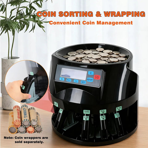 Pro Coin Counter And Sorter Machine For Home Or Biz, Fast 300 Coins Per Minute, Five-Bin Sorting For Pennies, Nickels, Dimes, Quarters, And Dollar Coins, Massive 2,000-Coin Capacity For Quick Cash Runs on a table with coin rolls shown separately.