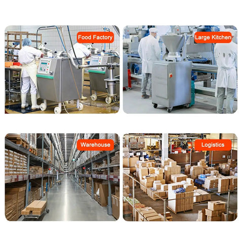Image showing food factory processing equipment, large kitchen setup, organized warehouse shelves, and logistics area full of packages.