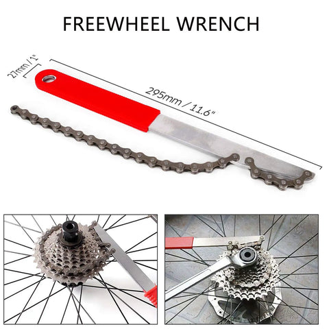 Do-It-All Bike Repair Tool Kit With Crank Extractor, Chain Whip Remover, 295mm Steel Freewheel Wrench Diagram