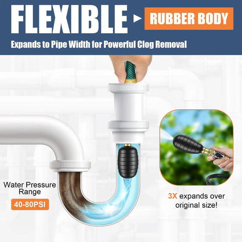 Heavy Duty Three Piece Drain Bladder Kit That Hits Hard On Clogged Lines Fast Using Power Pulse Water Pressure To Blast Hair And Grease Gunk Straight Out Works Magic With Ten Foot Retractable Hose And Brass Faucet Hookup For Home Plumbing Repairs showing flexible rubber body expanding in a pipe.