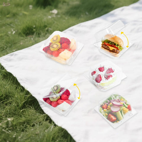 Clear Clamshell Grab And Go Containers 100 Pack With Hinged Lids, Disposable Plastic Food Boxes for snacks on picnic blanket