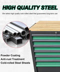 High quality steel components of Heavy Duty Mobile Tool Cabinet With Wood Top Workbench And Seven Smooth Gliding Drawers Lockable Storage Drawer Brake Caster Black Metal Frame With Double Shelves For Garage Workshop Or Outdoor Use.