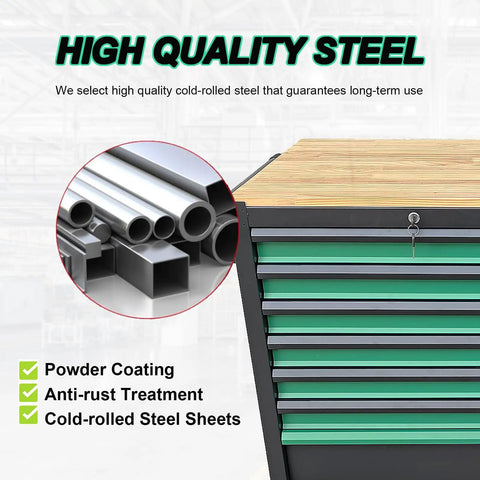 High quality steel components of Heavy Duty Mobile Tool Cabinet With Wood Top Workbench And Seven Smooth Gliding Drawers Lockable Storage Drawer Brake Caster Black Metal Frame With Double Shelves For Garage Workshop Or Outdoor Use.