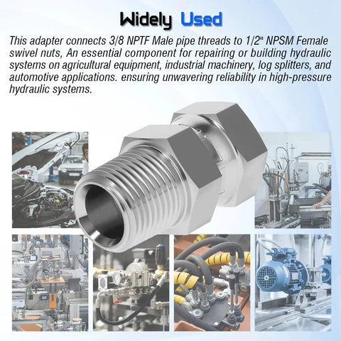 Hydraulic Swivel Adapter Three Eighth NPTF Male To One Half NPSM Female Beefy 360 Degree Swivel Built To Last High Pressure Hydraulic Lines Industrial Plumbing Connector Durable Steel, 3/8 NPTF to 1/2 NPSM