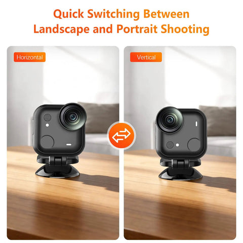 Magnetic Mount For Insta360 GO Ultra With 2-In-1 Magnetic And Suction Holder, showing landscape and portrait positions on desk