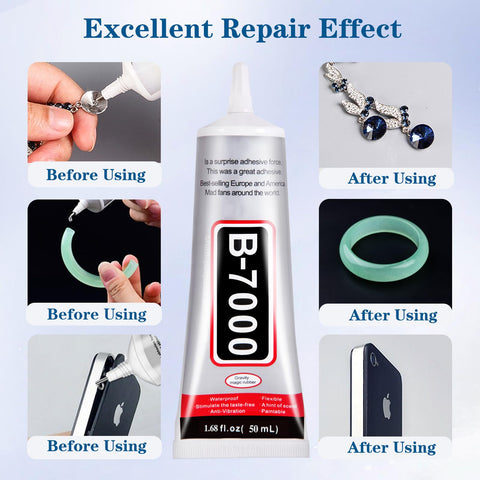 Clear B7000 Glue Kit With Precision Tip 110Ml All In One Multipurpose Adhesive for Rhinestones Crafts Fabric Shoes Jewelry Making Nail Art DIY Makeup No Mess Easy Applicator Tools Included shown repairing jewelry and electronics