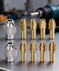 Replacement Collets And Nut Set For Rotary Tools Eight Copper Slotted Collets And Two Silver Collets Handy DIY Kit on workbench