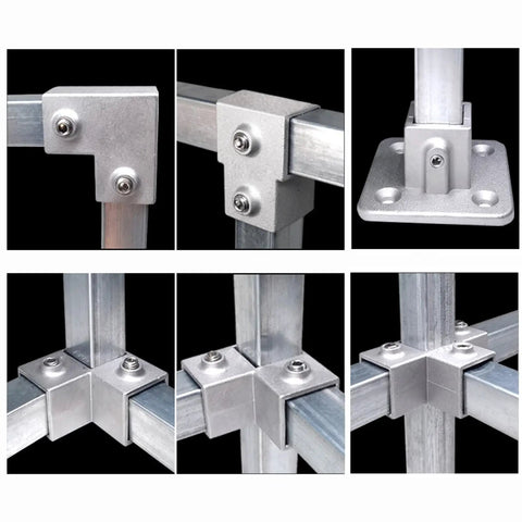 Heavy Duty Three Way Elbow Pipe Connector For Industrial Shelving And Fence Rails Made Of Super Strong Aluminum Alloy For Solid DIY Storage Build in various angles.