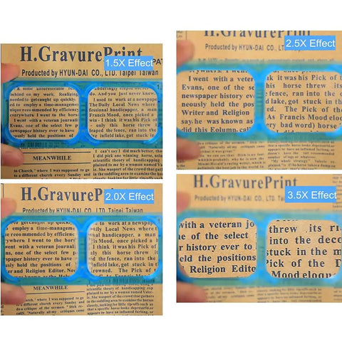 Go To Four Lens Headband Magnifier with 1.5x, 2x, 2.5x, 3.5x magnification effects on newspaper text.