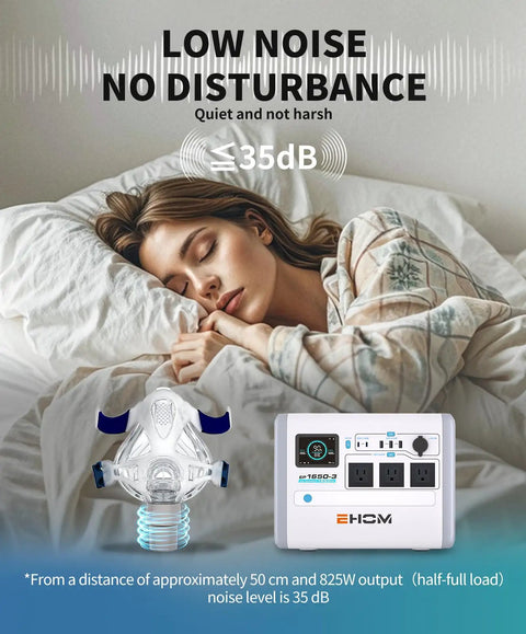 Person sleeping soundly next to 1024Wh LiFePO4 Portable Power Station With 1650W Continuous Power And 2200W Peak On The Go.