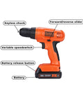 Orange 20V Max Cordless Drill from the 34-piece Home Tool Kit, showing keyless chuck and variable speed switch.