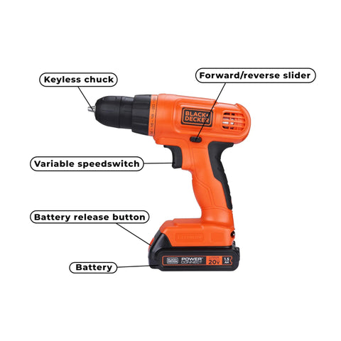 Orange 20V Max Cordless Drill from the 34-piece Home Tool Kit, showing keyless chuck and variable speed switch.