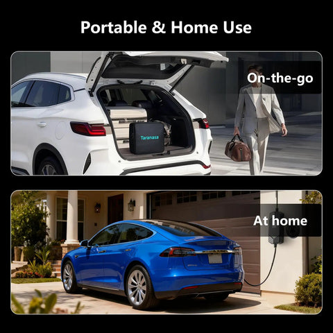 Tesla Level 2 Home EV Charger 40A 240V with NACS Connector portable and mounted on wall showcasing versatility