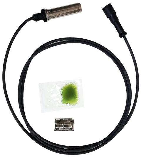 Top Shelf Heavy Duty Abs Wheel Speed Sensor With 5.6 Feet Straight Cable For Freightliner And Meritor Wabco Heavy Trucks, detailed view with connector and lubricant.