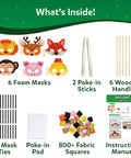 Poke In Art Animal Masks Craft Kit with 6 foam masks, 800+ fabric squares, 6 wooden handles, and kids sewing activity supplies.