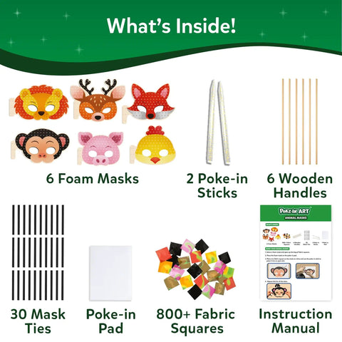Poke In Art Animal Masks Craft Kit with 6 foam masks, 800+ fabric squares, 6 wooden handles, and kids sewing activity supplies.