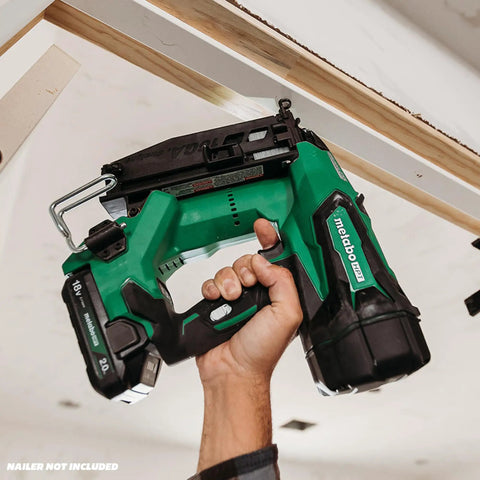 Person holding nailer, not included with Galvanized 16 Gauge Finish Nails For Straight Nailers One And Three Quarters Inch 2,500 Count Box Built To Last Workhorse Quality For Trim Cabinets And Framing