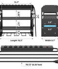 Dimensions of Modular Power Tool Organizer Wall Mount Garage Shelf With Four Tiers and power strip on display.