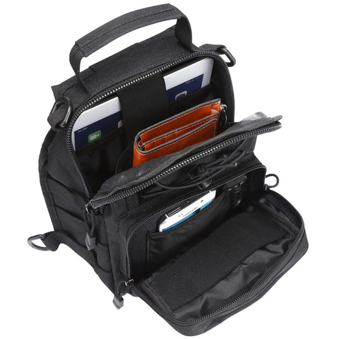 Open Outdoor Tactical Bag Backpack For Everyday Carry Lightweight Military Style Pack showing multiple pockets with items inside.
