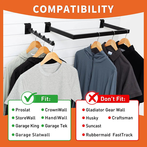 Slatwall Display Accessories Kit With U Shaped Tubing Hang Rails And Waterfall Hooks For Clothing Retail in use, showing compatibility chart