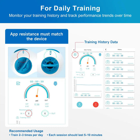 App interface for Digital Lung Trainer With App And Bluetooth, 6 Level Inhale Resistance, Improve Diaphragmatic Breathing data