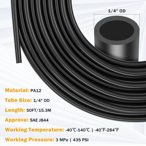 Beast Mode Heavy Duty 50 Foot One Quarter Inch Air Hose With Push To Connect Fittings Kit, PA12 material, 1/4" OD