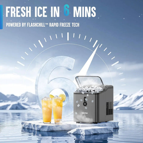 Countertop Nugget Ice Maker With FlashChill For Fast Ice In Six Minutes, ice-filled machine and two cold drinks