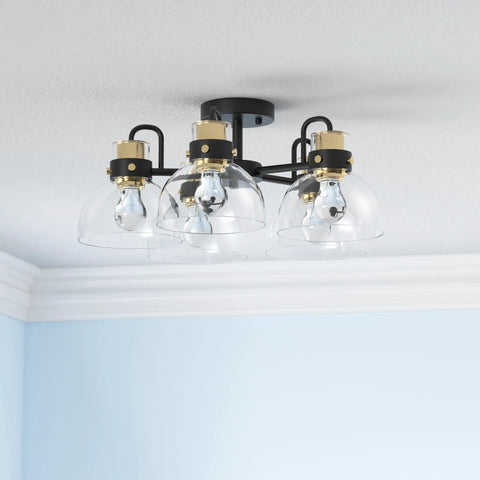 5-Light Chandelier With Clear Glass Shades, Black And Brushed Brass Finish, Semi Flush Mount Ceiling Light Fixture
