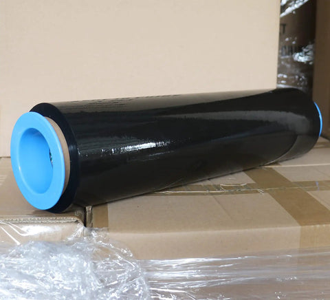 Heavy Duty Black Stretch Wrap 1500 Ft Roll With Hand Saver Handles 15 Inch Wide 70 Gauge Shrink Film on cardboard packaging.