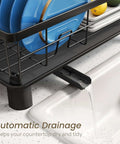 Space Saving Dish Rack For Small Kitchens With Utensil Holder And Drainboard, angled drainer, automatic water flow into sink