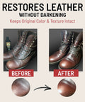 Top Tier Non Darkening Leather Conditioner And Cleaner For Kicks Couch Car Rigs Heavy Duty Polishing Solution Keeps Your Favorite Gear Looking Crisp And Supple Day One 8 Oz Bottle shown on brown boots before and after restoration.