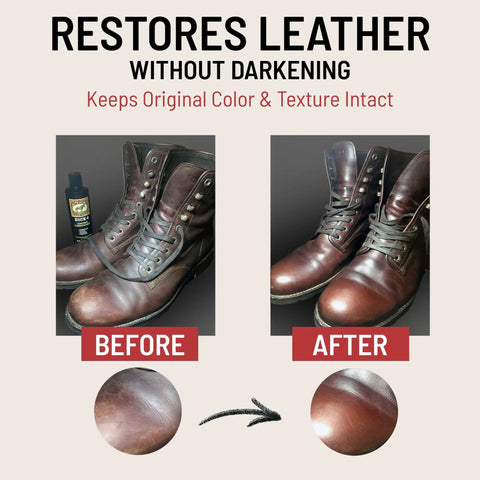 Top Tier Non Darkening Leather Conditioner And Cleaner For Kicks Couch Car Rigs Heavy Duty Polishing Solution Keeps Your Favorite Gear Looking Crisp And Supple Day One 8 Oz Bottle shown on brown boots before and after restoration.