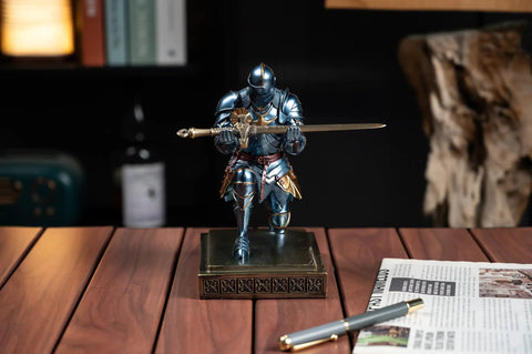 Medieval Armor Knight Pen Holder For Desk Organizer Resin Pencil Holder And Paperweight Gift With A Badass Letter Opener Blue Finish