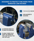 Six Inch Aluminum Vise Jaw Caps For Serrated Jaws Keep Delicate Work Safe, showing pliable tangs on blue vise