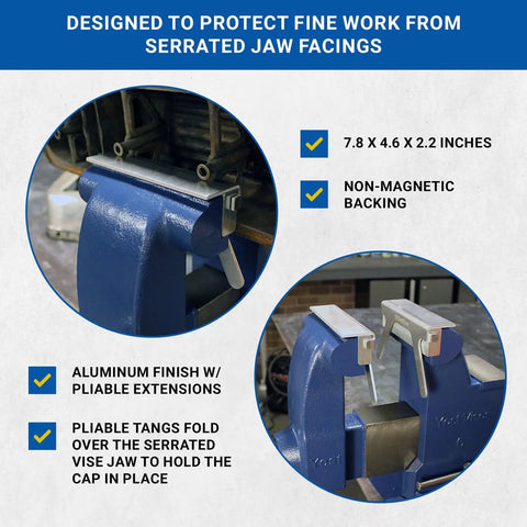 Six Inch Aluminum Vise Jaw Caps For Serrated Jaws Keep Delicate Work Safe, showing pliable tangs on blue vise
