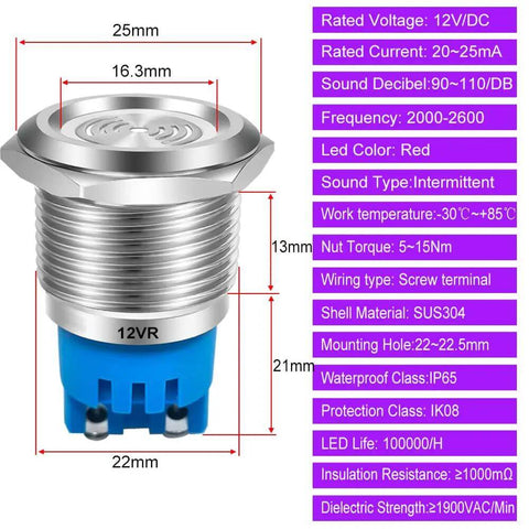 2 Pack DC 12V 22mm IP65 Waterproof Stainless Steel Red LED Indicator Light With 90dB Buzzer and Lamp specification details