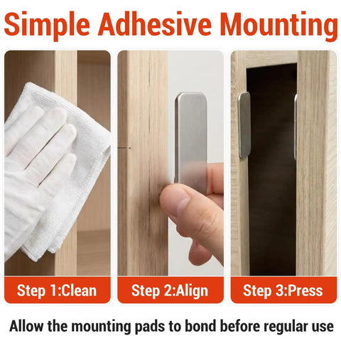 8 Pack Magnetic Cabinet Door Catch Set With Slim Stainless Steel Design Adhesive Mounting steps clean align press
