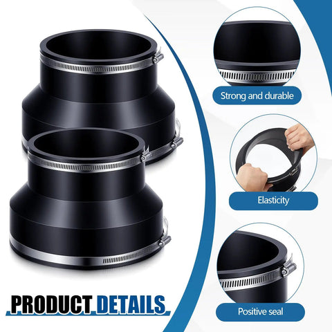 2 Pack 8 Inch To 6 Inch Flexible Rubber Pipe Coupling Reducer With Stainless Steel Clamps For Cast Iron PVC Steel Plastic Lead Pipe Connector Easy Install For Home Plumbing Projects product details